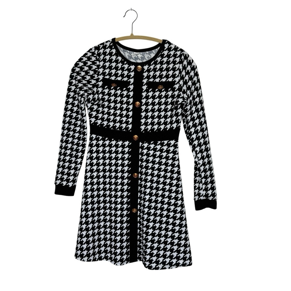 SHEIN Teen Houndstooth‎ Black and White Print Knit Dress Gold
Accents SZ 14